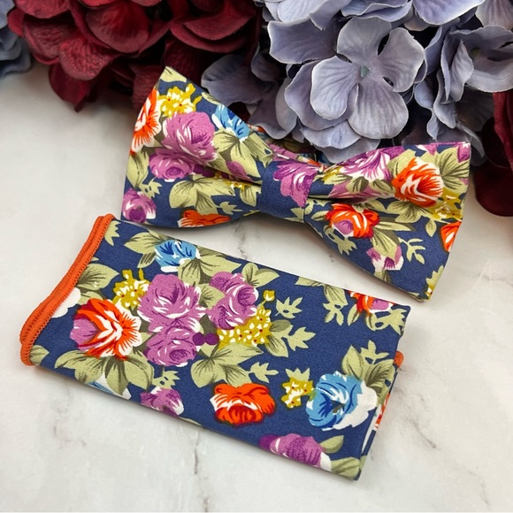 Blue Floral Butterfly Bow Tie and Pocket Square - Picture 8 of 16